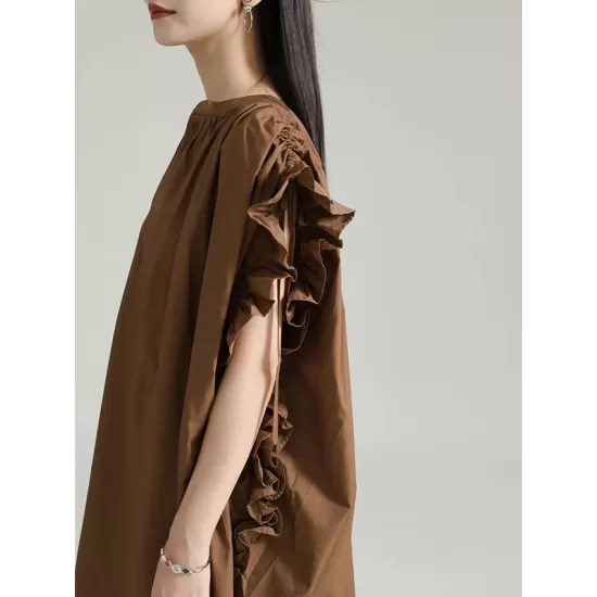 Drawstring Falbala Pleated Solid Color Batwing Sleeves Loose V-Neck Shirt Dress Midi Dresses Drawstring Falbala Pleated Solid Color Batwing Sleeves Loose V-Neck Shirt Dress Midi Dresses