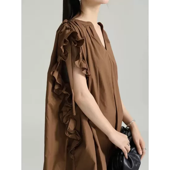Drawstring Falbala Pleated Solid Color Batwing Sleeves Loose V-Neck Shirt Dress Midi Dresses Drawstring Falbala Pleated Solid Color Batwing Sleeves Loose V-Neck Shirt Dress Midi Dresses