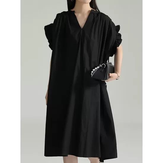 Drawstring Falbala Pleated Solid Color Batwing Sleeves Loose V-Neck Shirt Dress Midi Dresses Drawstring Falbala Pleated Solid Color Batwing Sleeves Loose V-Neck Shirt Dress Midi Dresses