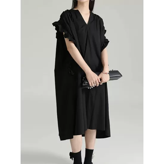 Drawstring Falbala Pleated Solid Color Batwing Sleeves Loose V-Neck Shirt Dress Midi Dresses Drawstring Falbala Pleated Solid Color Batwing Sleeves Loose V-Neck Shirt Dress Midi Dresses