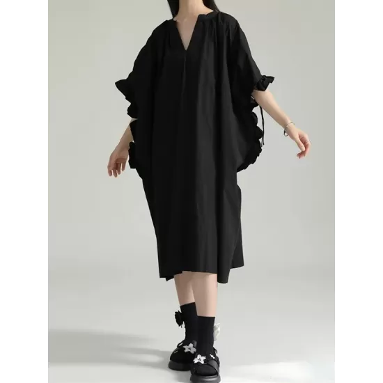 Drawstring Falbala Pleated Solid Color Batwing Sleeves Loose V-Neck Shirt Dress Midi Dresses Drawstring Falbala Pleated Solid Color Batwing Sleeves Loose V-Neck Shirt Dress Midi Dresses