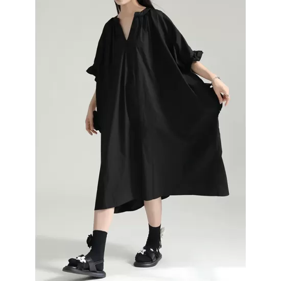 Drawstring Falbala Pleated Solid Color Batwing Sleeves Loose V-Neck Shirt Dress Midi Dresses Drawstring Falbala Pleated Solid Color Batwing Sleeves Loose V-Neck Shirt Dress Midi Dresses