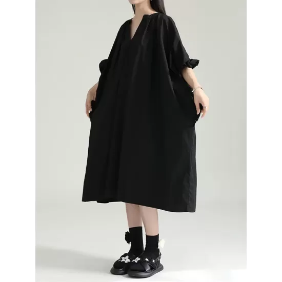 Drawstring Falbala Pleated Solid Color Batwing Sleeves Loose V-Neck Shirt Dress Midi Dresses Drawstring Falbala Pleated Solid Color Batwing Sleeves Loose V-Neck Shirt Dress Midi Dresses
