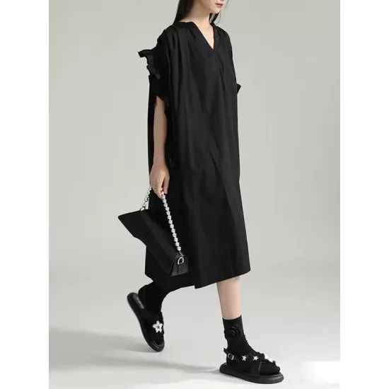 Drawstring Falbala Pleated Solid Color Batwing Sleeves Loose V-Neck Shirt Dress Midi Dresses Drawstring Falbala Pleated Solid Color Batwing Sleeves Loose V-Neck Shirt Dress Midi Dresses