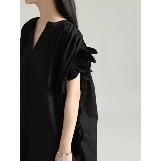 Drawstring Falbala Pleated Solid Color Batwing Sleeves Loose V-Neck Shirt Dress Midi Dresses Drawstring Falbala Pleated Solid Color Batwing Sleeves Loose V-Neck Shirt Dress Midi Dresses