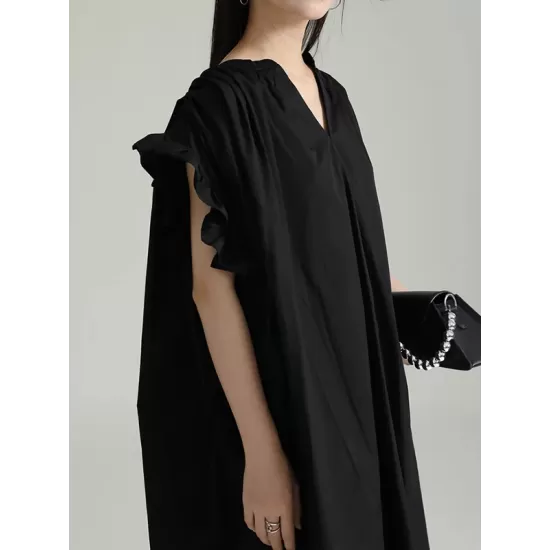 Drawstring Falbala Pleated Solid Color Batwing Sleeves Loose V-Neck Shirt Dress Midi Dresses Drawstring Falbala Pleated Solid Color Batwing Sleeves Loose V-Neck Shirt Dress Midi Dresses