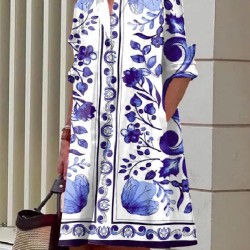 Long Sleeves Floral Printed Lapel Midi Dresses