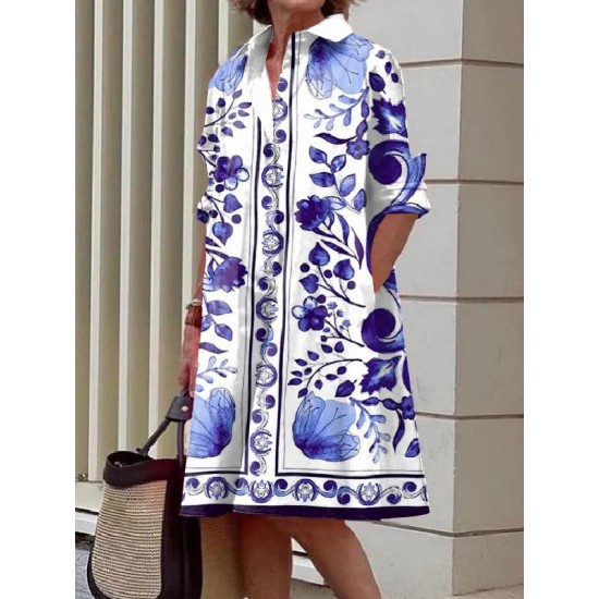Long Sleeves Floral Printed Lapel Midi Dresses Long Sleeves Floral Printed Lapel Midi Dresses