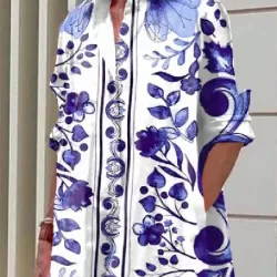 Long Sleeves Floral Printed Lapel Midi Dresses