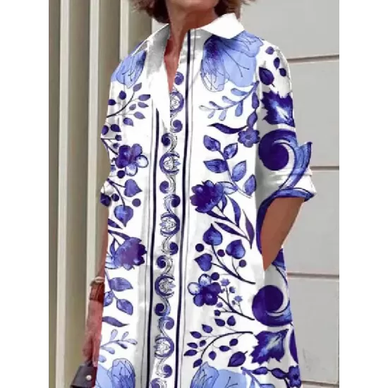 Long Sleeves Floral Printed Lapel Midi Dresses Long Sleeves Floral Printed Lapel Midi Dresses