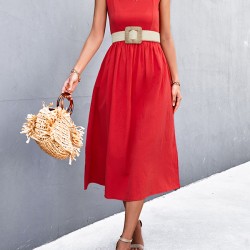 Pleated Solid Color Split-Joint High Waisted Sleeveless U-Neck Midi Dresses