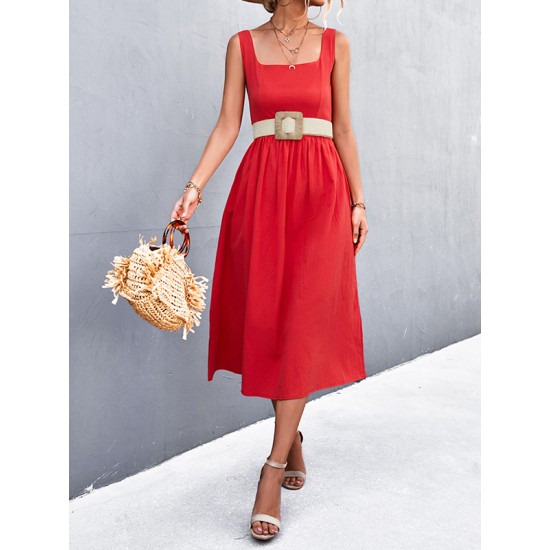 Pleated Solid Color Split-Joint High Waisted Sleeveless U-Neck Midi Dresses Pleated Solid Color Split-Joint High Waisted Sleeveless U-Neck Midi Dresses