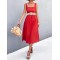 Pleated Solid Color Split-Joint High Waisted Sleeveless U-Neck Midi Dresses