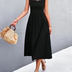 Pleated Solid Color Split-Joint High Waisted Sleeveless U-Neck Midi Dresses