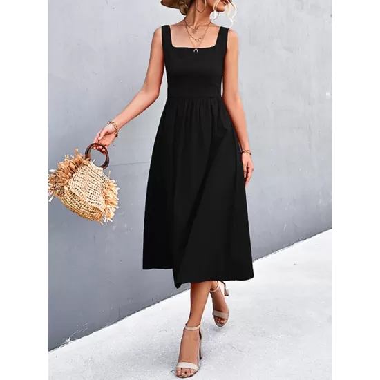 Pleated Solid Color Split-Joint High Waisted Sleeveless U-Neck Midi Dresses Pleated Solid Color Split-Joint High Waisted Sleeveless U-Neck Midi Dresses