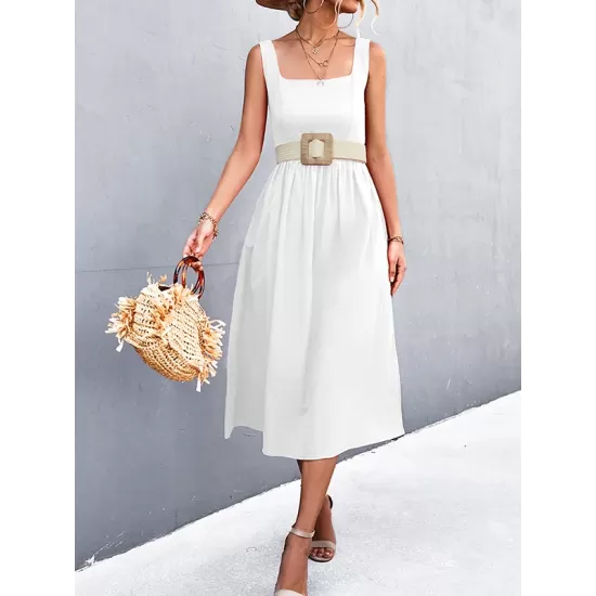 Pleated Solid Color Split-Joint High Waisted Sleeveless U-Neck Midi Dresses Pleated Solid Color Split-Joint High Waisted Sleeveless U-Neck Midi Dresses