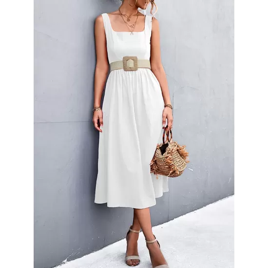 Pleated Solid Color Split-Joint High Waisted Sleeveless U-Neck Midi Dresses Pleated Solid Color Split-Joint High Waisted Sleeveless U-Neck Midi Dresses