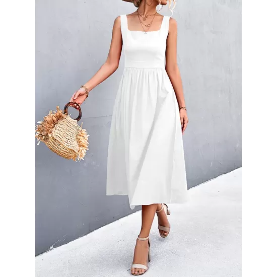Pleated Solid Color Split-Joint High Waisted Sleeveless U-Neck Midi Dresses Pleated Solid Color Split-Joint High Waisted Sleeveless U-Neck Midi Dresses