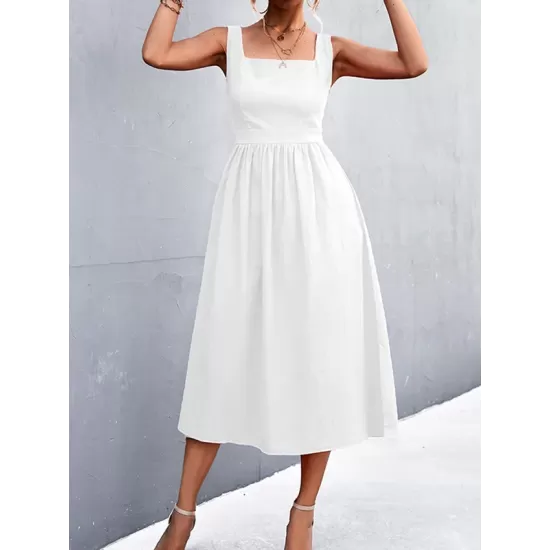 Pleated Solid Color Split-Joint High Waisted Sleeveless U-Neck Midi Dresses Pleated Solid Color Split-Joint High Waisted Sleeveless U-Neck Midi Dresses