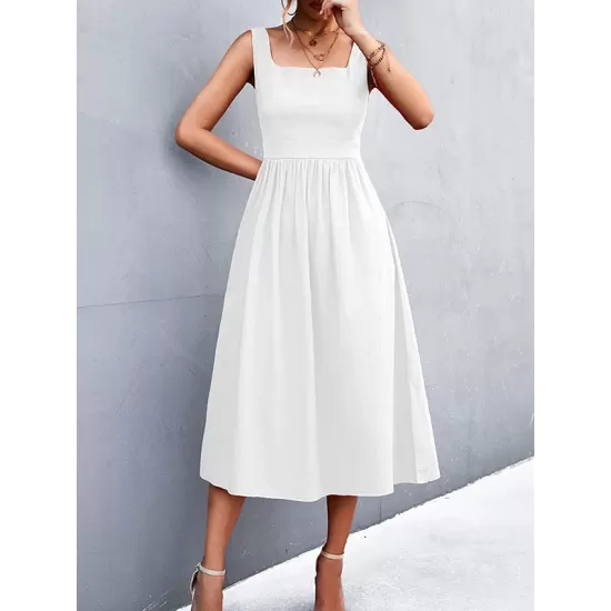 Pleated Solid Color Split-Joint High Waisted Sleeveless U-Neck Midi Dresses Pleated Solid Color Split-Joint High Waisted Sleeveless U-Neck Midi Dresses
