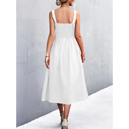 Pleated Solid Color Split-Joint High Waisted Sleeveless U-Neck Midi Dresses Pleated Solid Color Split-Joint High Waisted Sleeveless U-Neck Midi Dresses