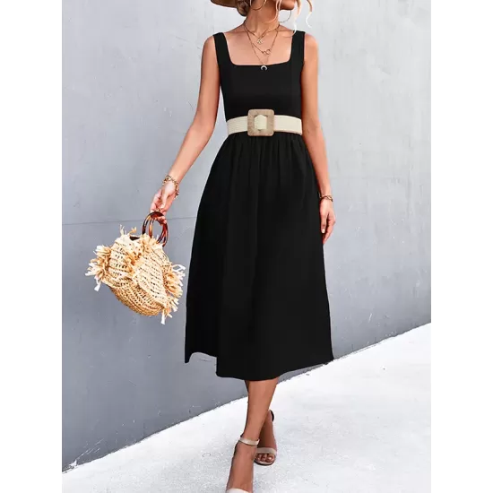 Pleated Solid Color Split-Joint High Waisted Sleeveless U-Neck Midi Dresses Pleated Solid Color Split-Joint High Waisted Sleeveless U-Neck Midi Dresses