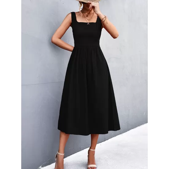 Pleated Solid Color Split-Joint High Waisted Sleeveless U-Neck Midi Dresses Pleated Solid Color Split-Joint High Waisted Sleeveless U-Neck Midi Dresses