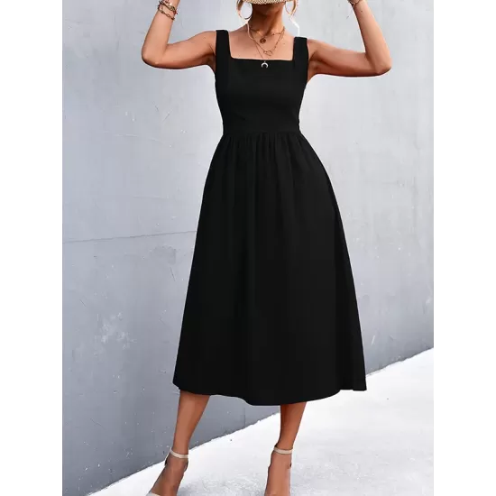 Pleated Solid Color Split-Joint High Waisted Sleeveless U-Neck Midi Dresses Pleated Solid Color Split-Joint High Waisted Sleeveless U-Neck Midi Dresses