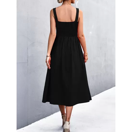 Pleated Solid Color Split-Joint High Waisted Sleeveless U-Neck Midi Dresses Pleated Solid Color Split-Joint High Waisted Sleeveless U-Neck Midi Dresses