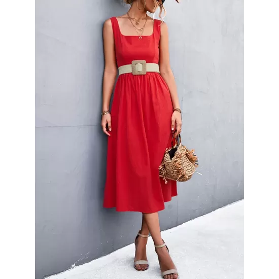 Pleated Solid Color Split-Joint High Waisted Sleeveless U-Neck Midi Dresses Pleated Solid Color Split-Joint High Waisted Sleeveless U-Neck Midi Dresses