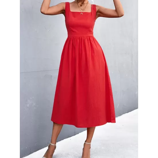 Pleated Solid Color Split-Joint High Waisted Sleeveless U-Neck Midi Dresses Pleated Solid Color Split-Joint High Waisted Sleeveless U-Neck Midi Dresses