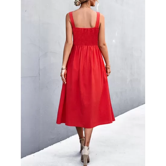 Pleated Solid Color Split-Joint High Waisted Sleeveless U-Neck Midi Dresses Pleated Solid Color Split-Joint High Waisted Sleeveless U-Neck Midi Dresses