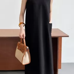 Solid Color Loose Sleeveless Round-Neck Midi Dresses