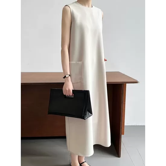 Solid Color Loose Sleeveless Round-Neck Midi Dresses Solid Color Loose Sleeveless Round-Neck Midi Dresses