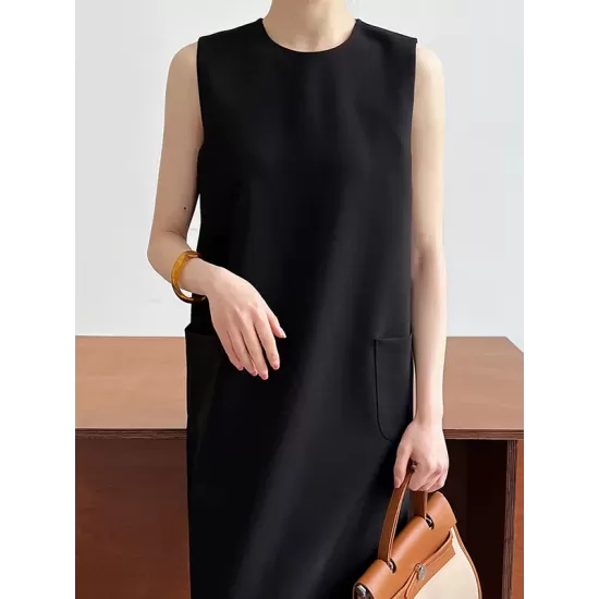 Solid Color Loose Sleeveless Round-Neck Midi Dresses Solid Color Loose Sleeveless Round-Neck Midi Dresses