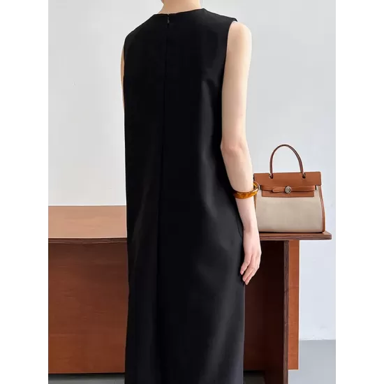 Solid Color Loose Sleeveless Round-Neck Midi Dresses Solid Color Loose Sleeveless Round-Neck Midi Dresses