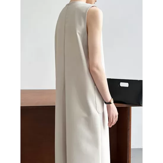 Solid Color Loose Sleeveless Round-Neck Midi Dresses Solid Color Loose Sleeveless Round-Neck Midi Dresses