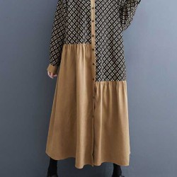 Asymmetric Buttoned Pleated Printed Split-Joint A-Line Long Sleeves Lapel Midi Dresses