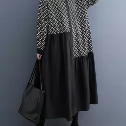Asymmetric Buttoned Pleated Printed Split-Joint A-Line Long Sleeves Lapel Midi Dresses