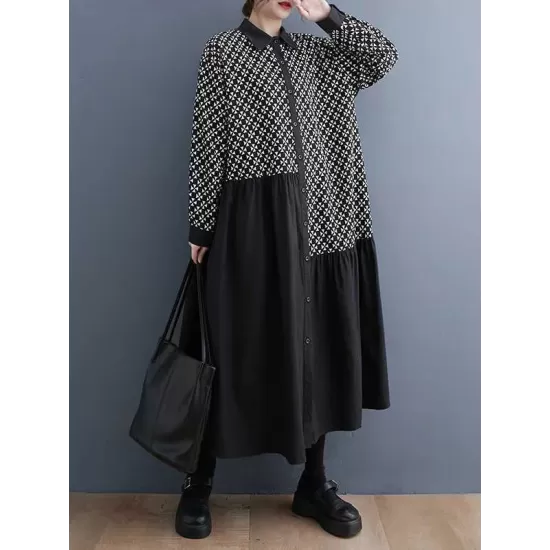 Asymmetric Buttoned Pleated Printed Split-Joint A-Line Long Sleeves Lapel Midi Dresses Asymmetric Buttoned Pleated Printed Split-Joint A-Line Long Sleeves Lapel Midi Dresses