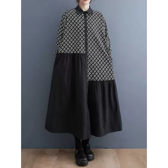 Asymmetric Buttoned Pleated Printed Split-Joint A-Line Long Sleeves Lapel Midi Dresses Asymmetric Buttoned Pleated Printed Split-Joint A-Line Long Sleeves Lapel Midi Dresses