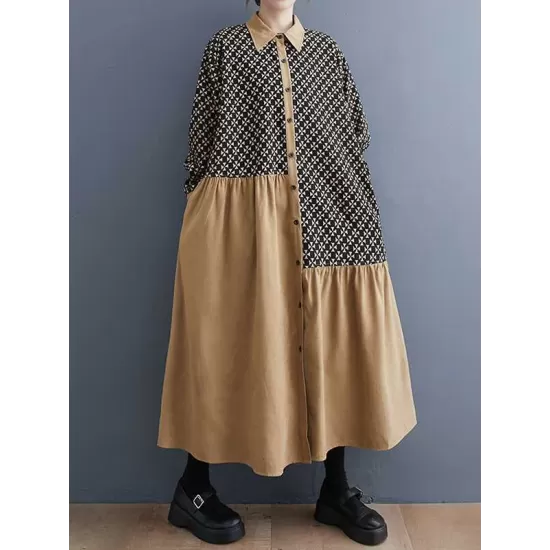 Asymmetric Buttoned Pleated Printed Split-Joint A-Line Long Sleeves Lapel Midi Dresses Asymmetric Buttoned Pleated Printed Split-Joint A-Line Long Sleeves Lapel Midi Dresses