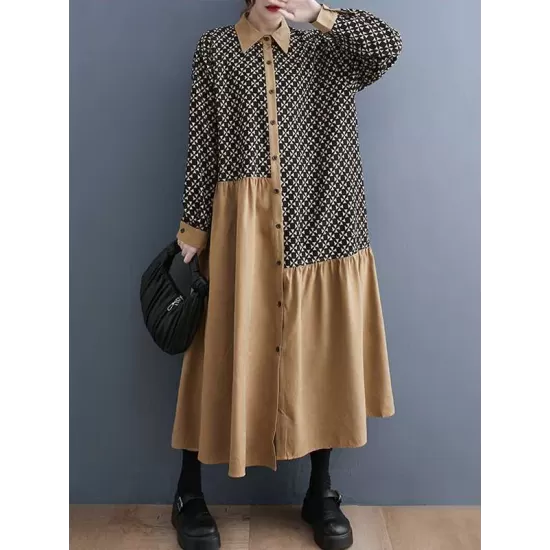 Asymmetric Buttoned Pleated Printed Split-Joint A-Line Long Sleeves Lapel Midi Dresses Asymmetric Buttoned Pleated Printed Split-Joint A-Line Long Sleeves Lapel Midi Dresses