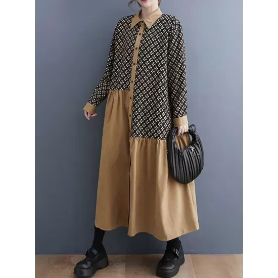 Asymmetric Buttoned Pleated Printed Split-Joint A-Line Long Sleeves Lapel Midi Dresses Asymmetric Buttoned Pleated Printed Split-Joint A-Line Long Sleeves Lapel Midi Dresses