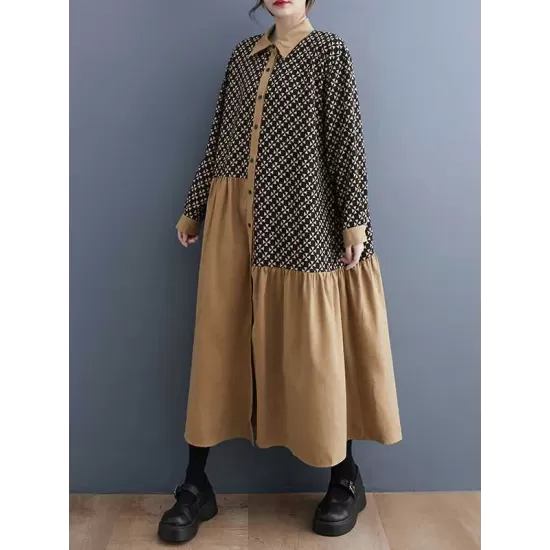 Asymmetric Buttoned Pleated Printed Split-Joint A-Line Long Sleeves Lapel Midi Dresses Asymmetric Buttoned Pleated Printed Split-Joint A-Line Long Sleeves Lapel Midi Dresses