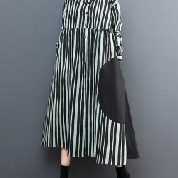 Buttoned Split-Joint Striped Long Sleeves Loose Mock Neck Midi Dresses