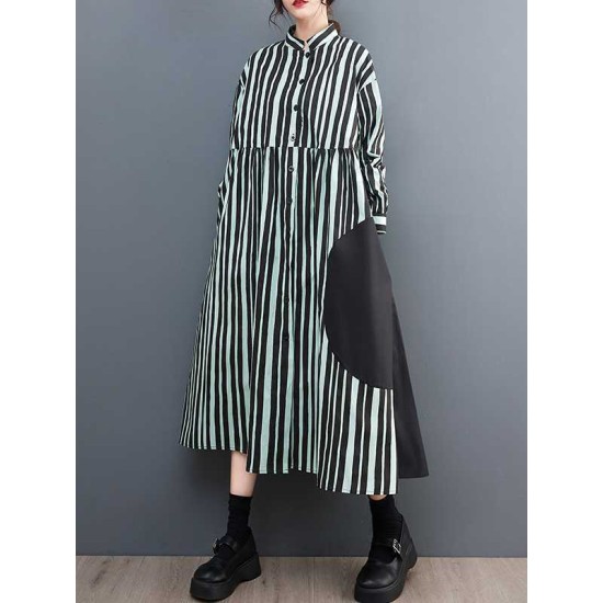 Buttoned Split-Joint Striped Long Sleeves Loose Mock Neck Midi Dresses Buttoned Split-Joint Striped Long Sleeves Loose Mock Neck Midi Dresses