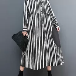 Buttoned Split-Joint Striped Long Sleeves Loose Mock Neck Midi Dresses