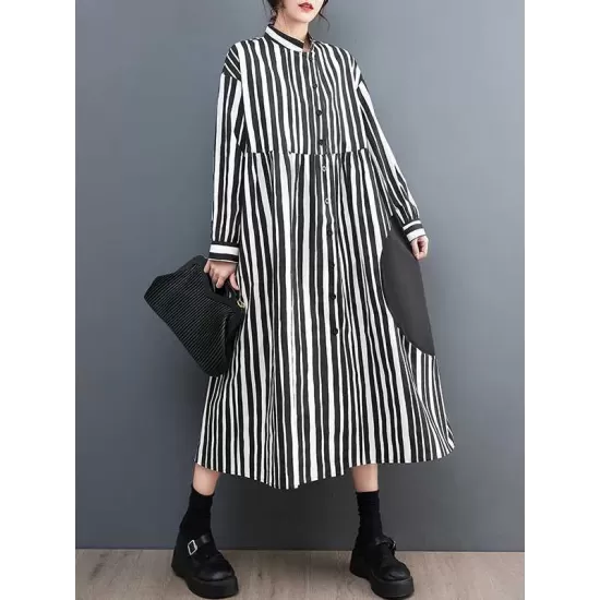 Buttoned Split-Joint Striped Long Sleeves Loose Mock Neck Midi Dresses Buttoned Split-Joint Striped Long Sleeves Loose Mock Neck Midi Dresses