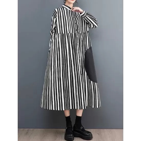 Buttoned Split-Joint Striped Long Sleeves Loose Mock Neck Midi Dresses Buttoned Split-Joint Striped Long Sleeves Loose Mock Neck Midi Dresses